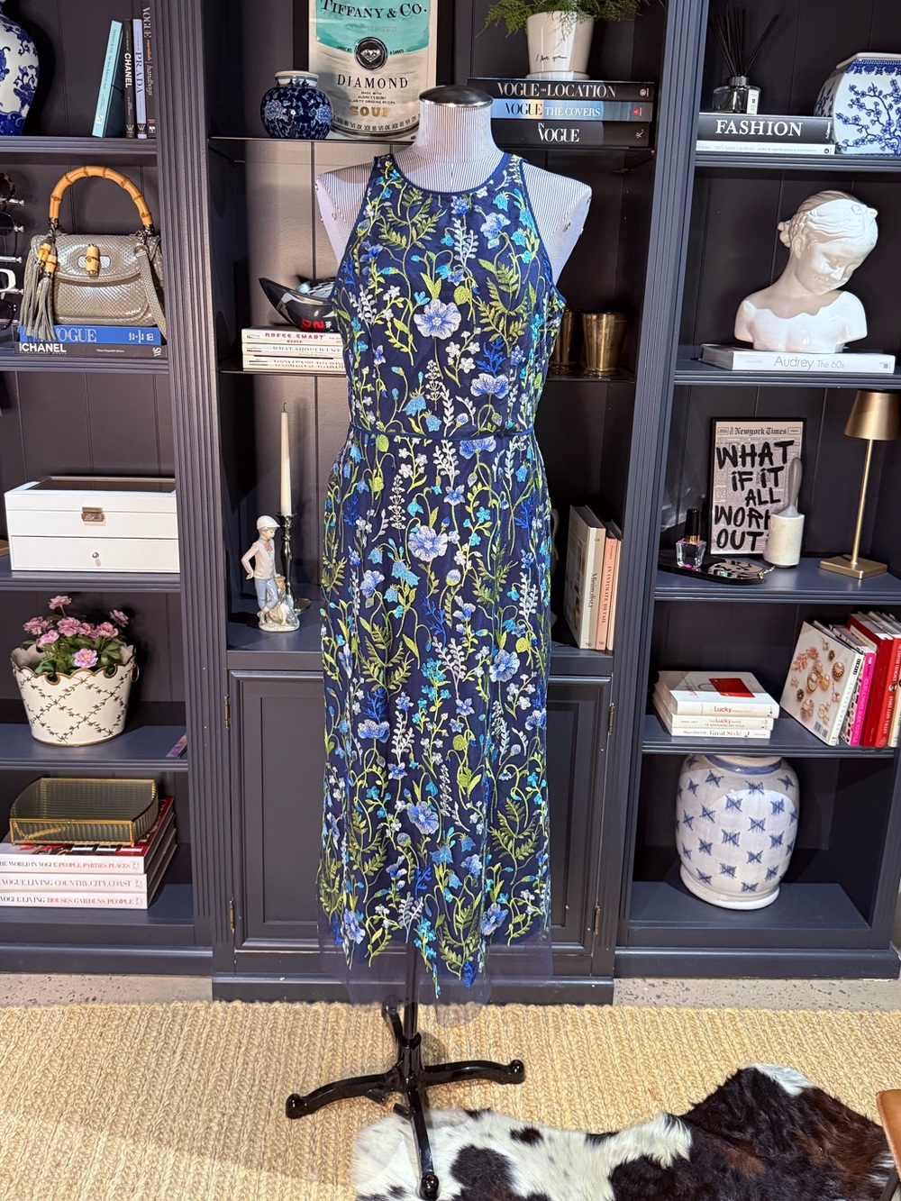 Maggy London Embroidered Floral Sheath Midi Dress – Navy Multi – Size 8